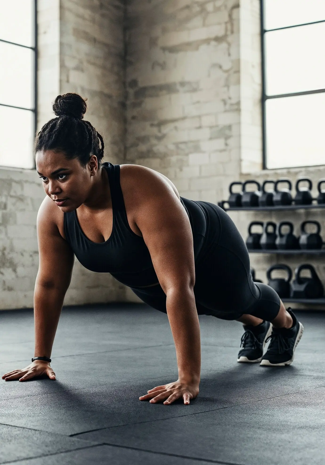 Человек размера плюс тренируется